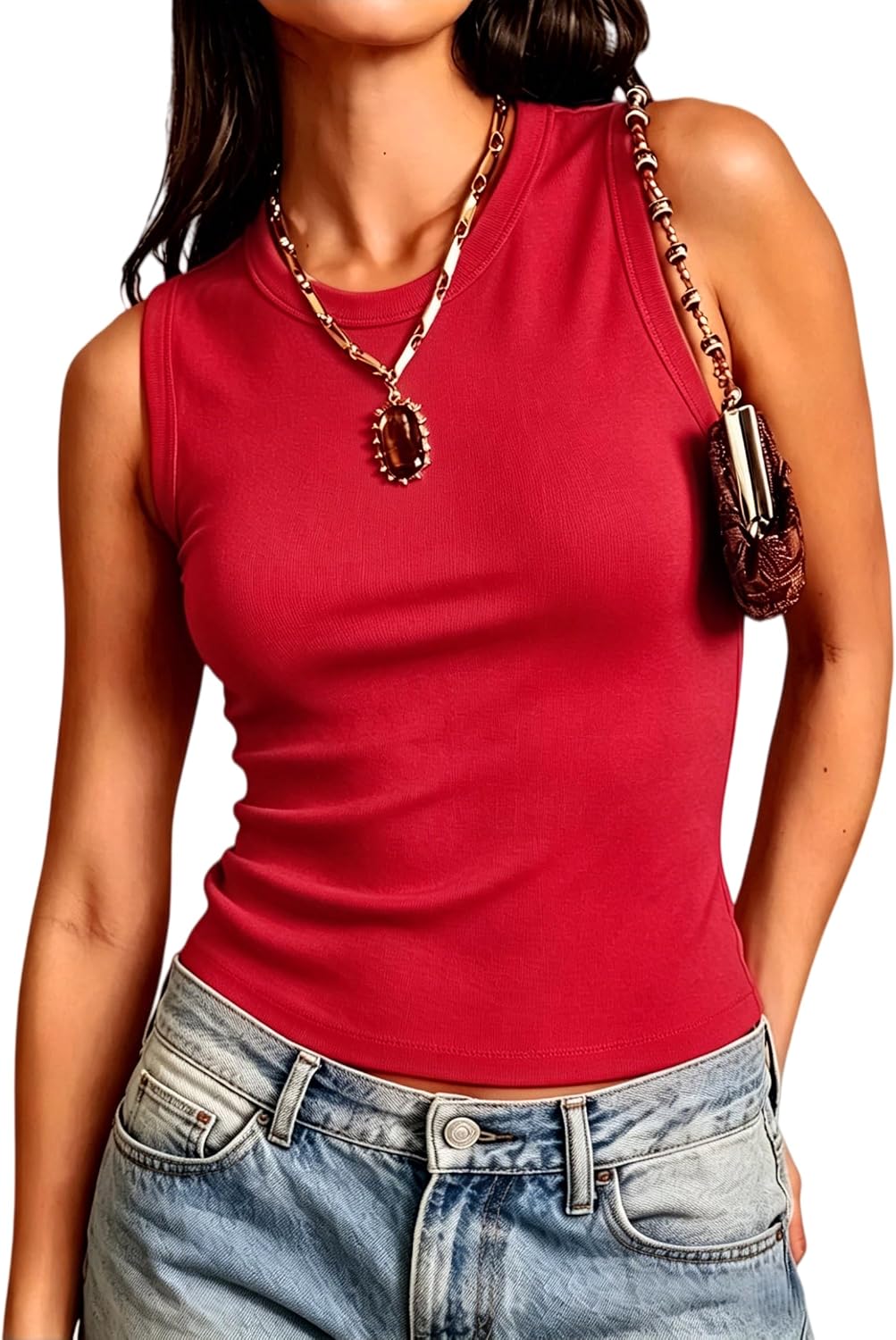 Detalle de Meetrendi Women's Fitted Crop Tank Top, White Crew Neck with Wide Straps