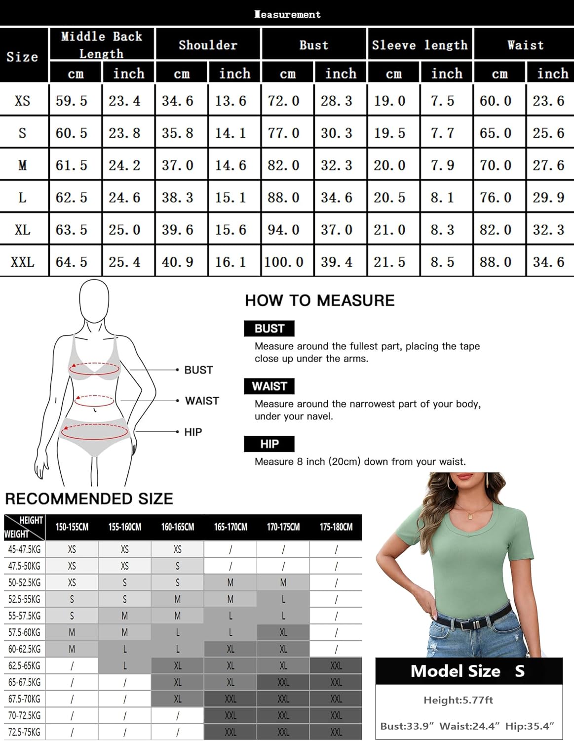 Thumbnail 5 de Aottori Damen T-Shirt mit V-Ausschnitt, kurzarm, gerippt – Slim Fit Basic im Stretch-Stoff