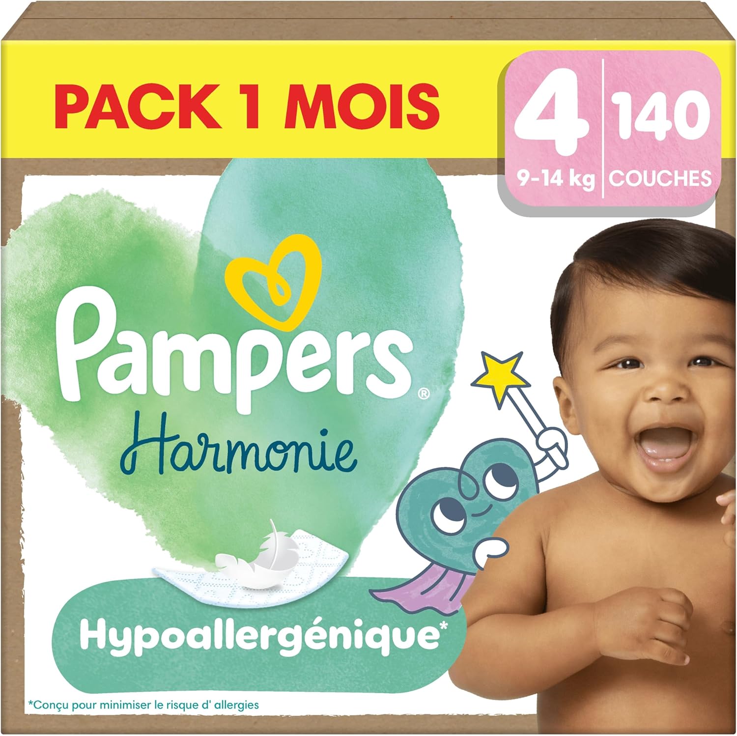 Detalle de Pampers Harmonie Couches Édition Limitée – Taille 4, 140 couches (9–14 kg) pour peaux sensibles, pack mensuel