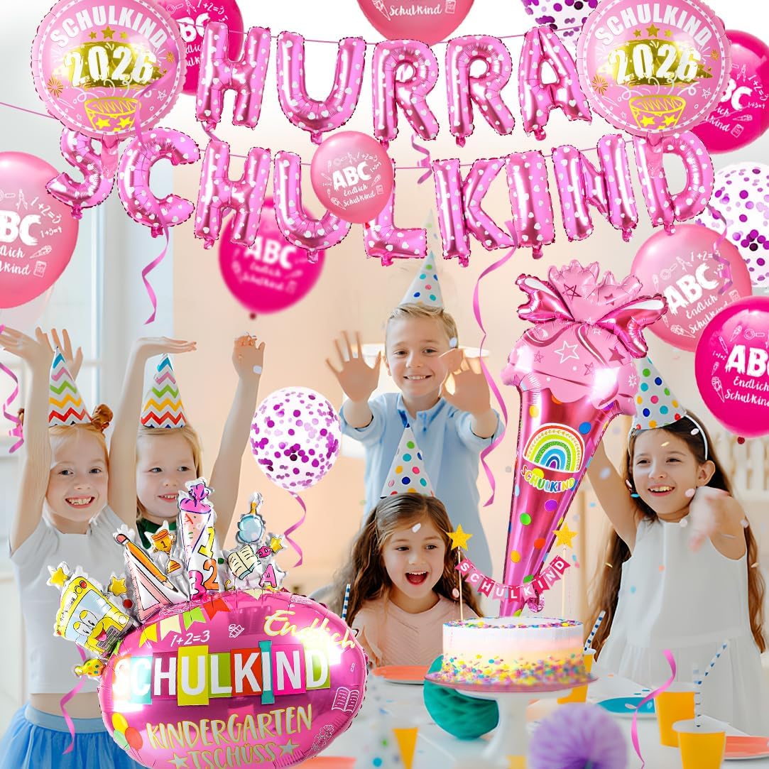 Detalle de iZoeL Schulkind Deko Set Einschulung Mädchen – HURRA SCHULKIND Girlande, 2026 Folienballons und Zuckertüten-Deko
