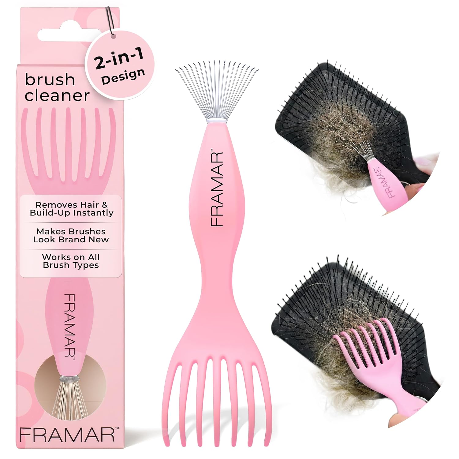 Detalle de FRAMAR Premium Hair Brush Cleaner Tool, Pink, Dual-Edge Design