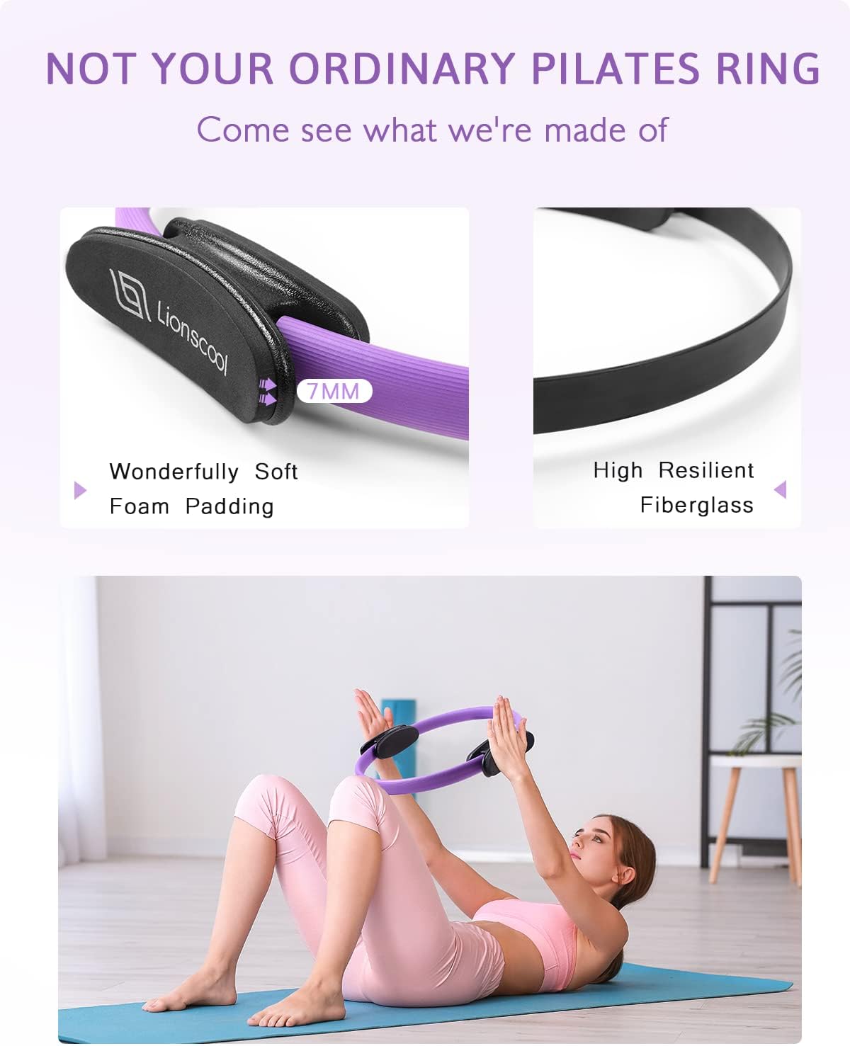 Detalle de LIONSCOOL Pilates Ring Set: 14-Inch Magic Circle with Cushioned Handles, Anti-Burst Mini Ball, Resistance Bands & Accessories