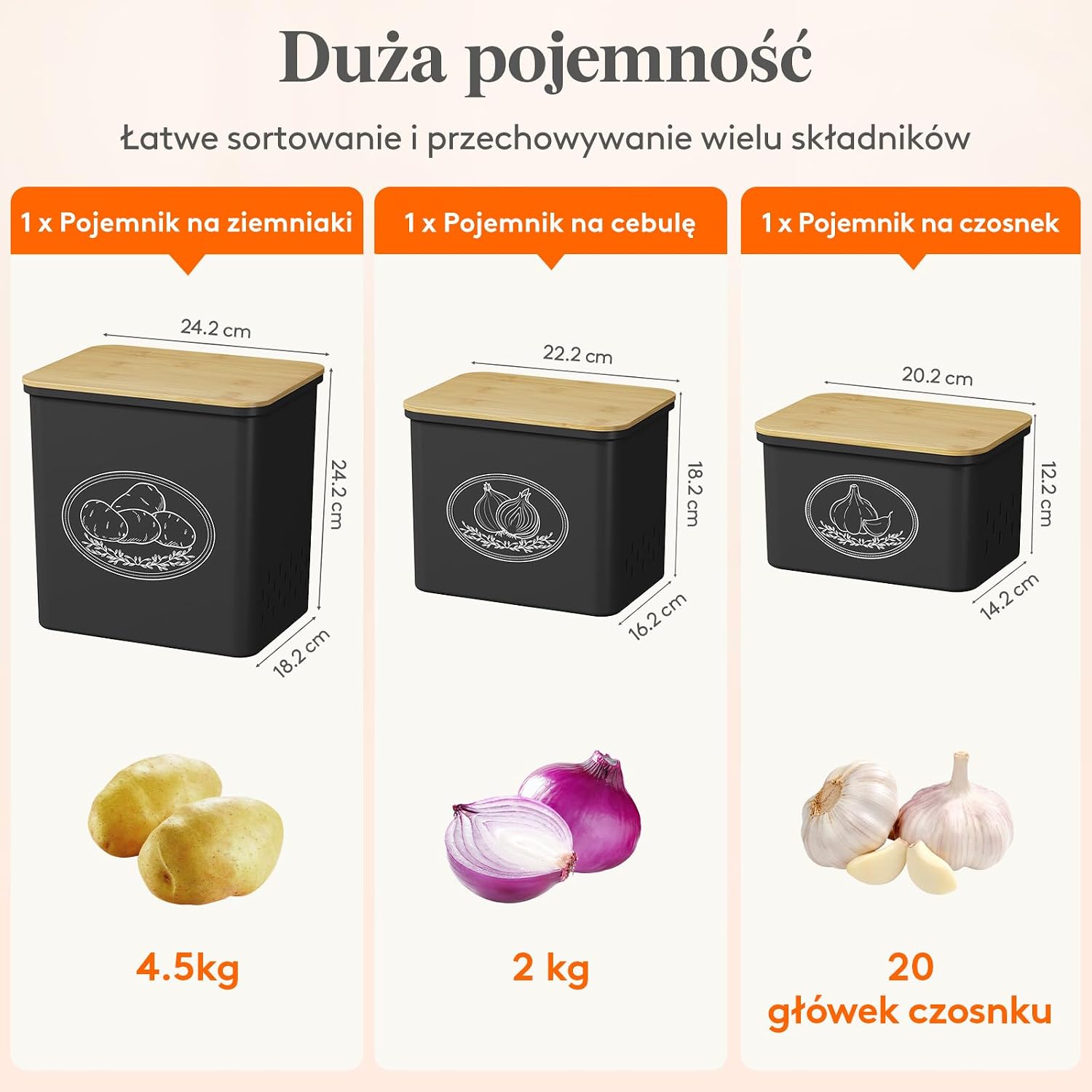 Detalle 2 de Lifewit zestaw 3 pojemników na ziemniaki, cebulę i czosnek, wentylowane, czarne