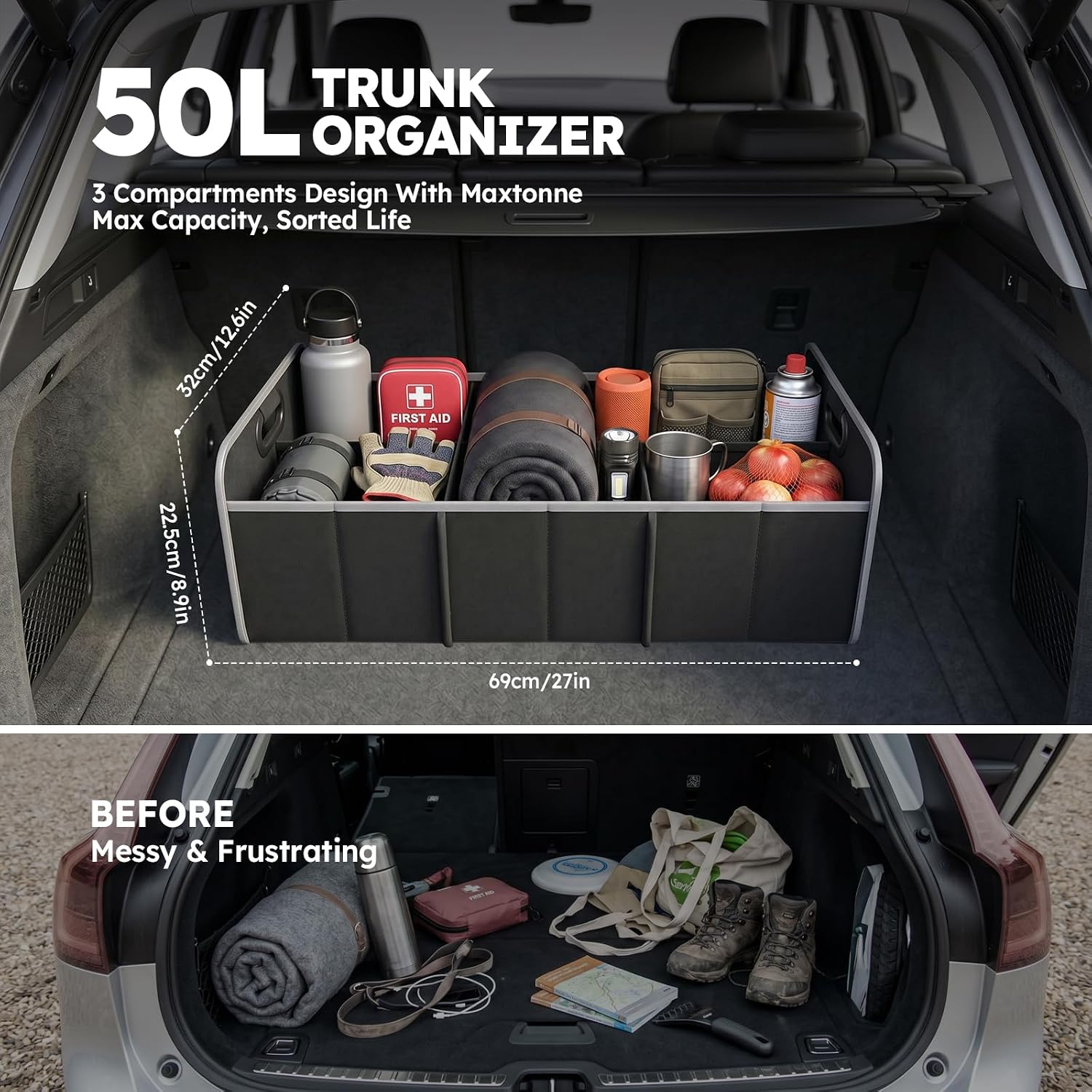 Thumbnail 1 de Maxtonne Car Boot Organiser: Heavy-Duty 50L 3-Compartment Storage for SUVs and Hatchbacks