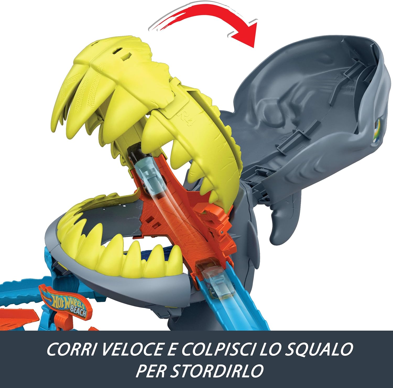 Detalle 2 de Hot Wheels Squalo Scontri in Spiaggia (JHL96) con pista Speed Snap e veicolo incluso