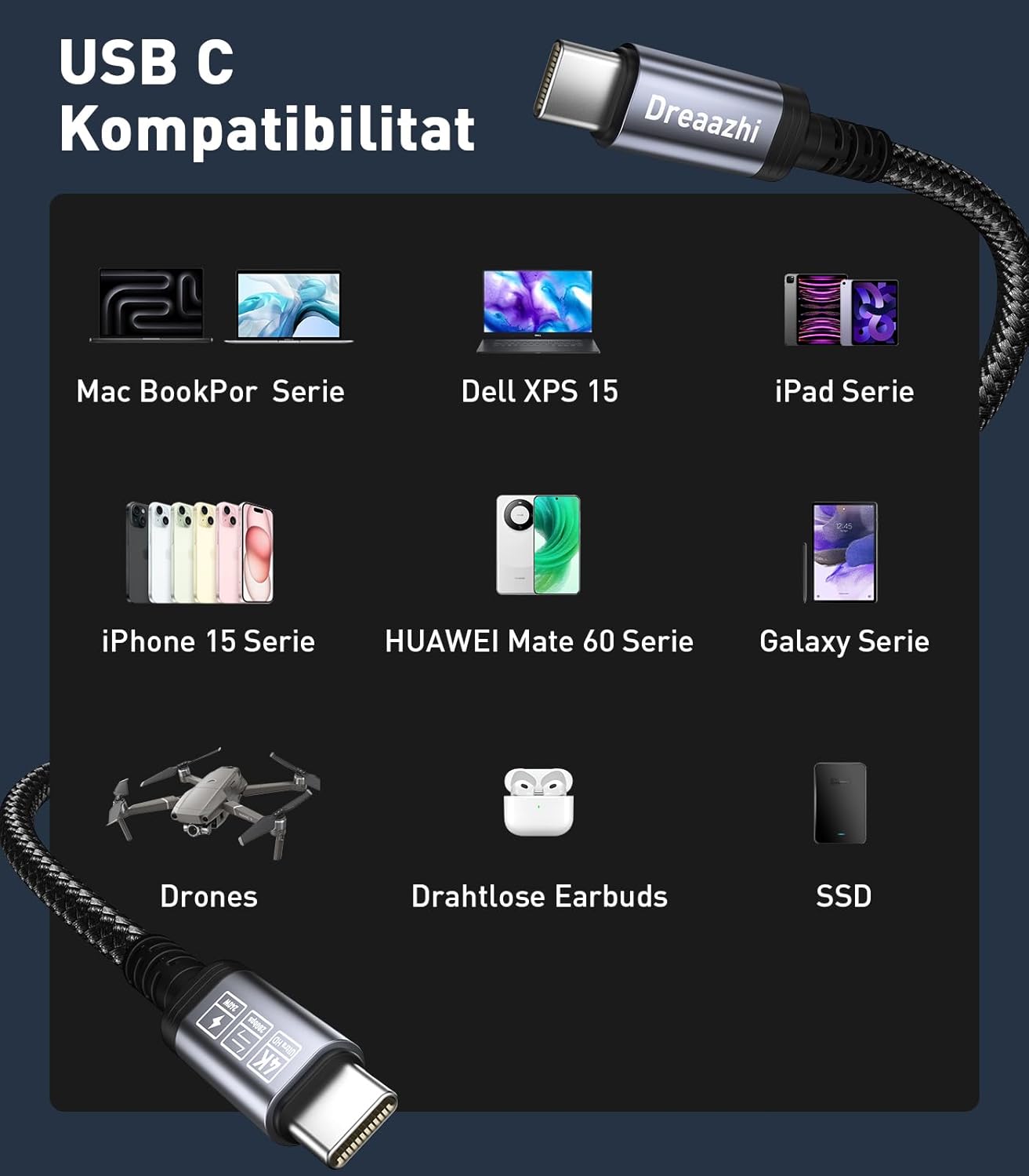Thumbnail 6 de Dreaazhi USB C 4M Lade Kabel 240W