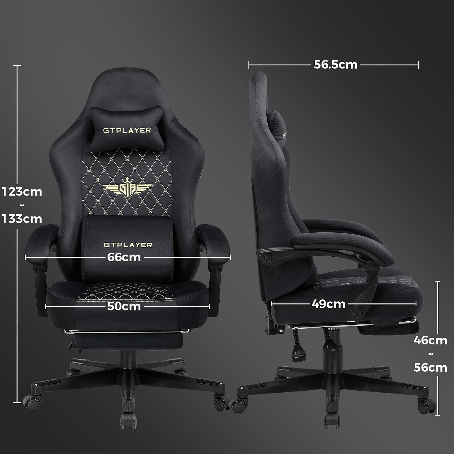 Detalle de GTPLAYER GT830 gamingstoel in zwarte stof met verstelbare rugleuning en voetensteun