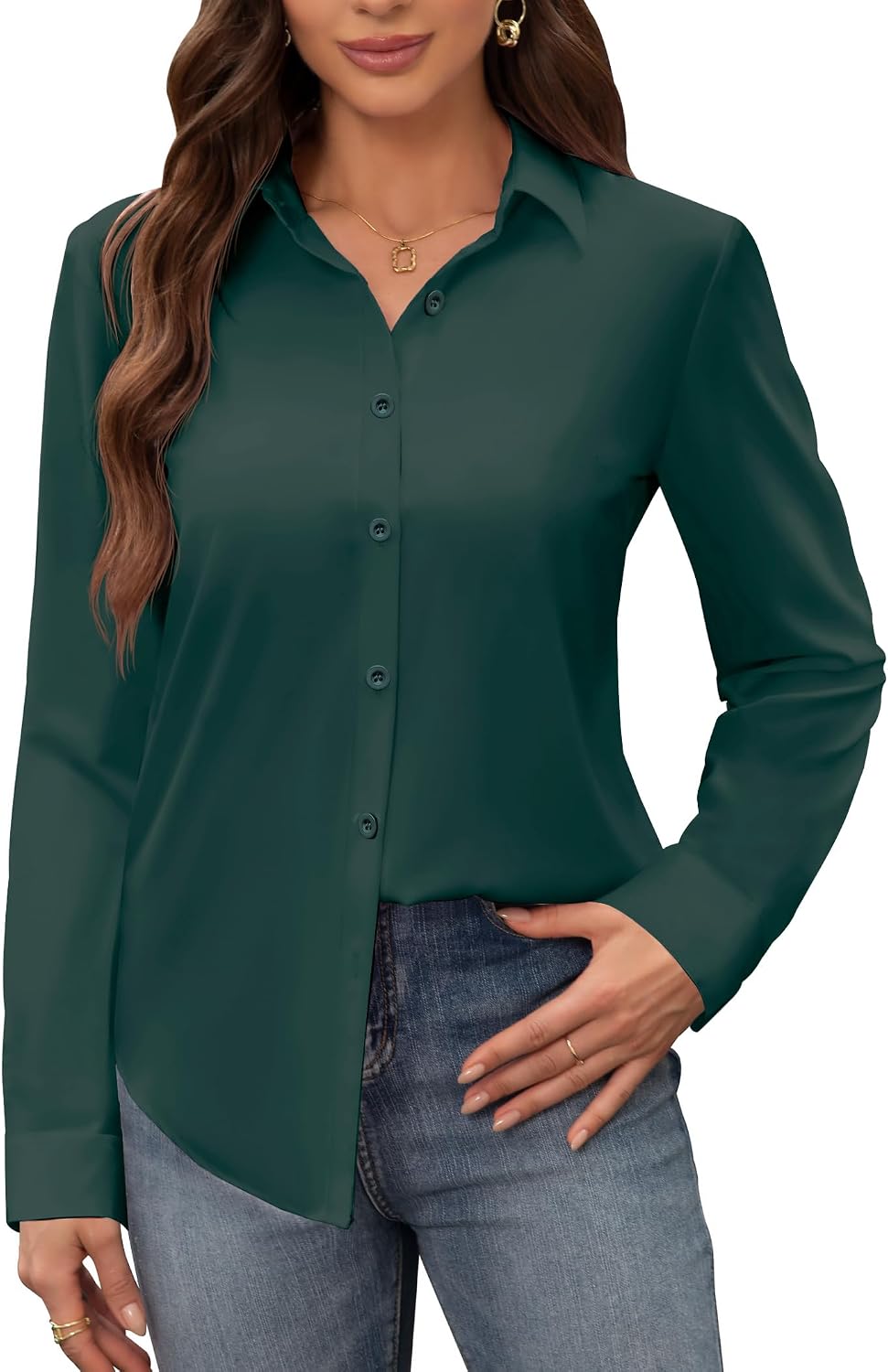 Detalle de siliteelon Women's Stain-Resistant Button-Down Shirt, Long Sleeve, Stretch Blend