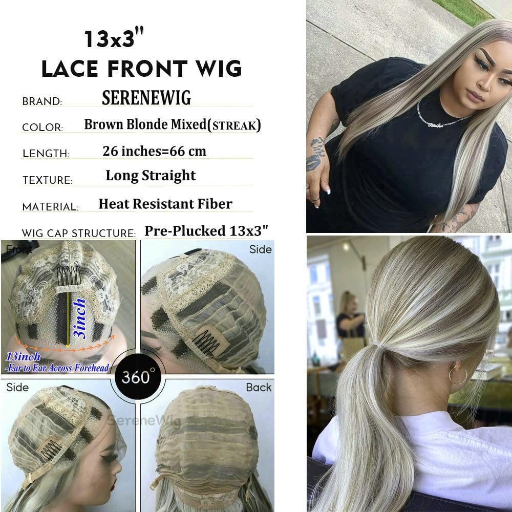 Thumbnail 3 de 24-Inch Pre-Plucked Hairline Synthetic Lace Front Wig with Long Straight Style (Brown Blonde Highlight)