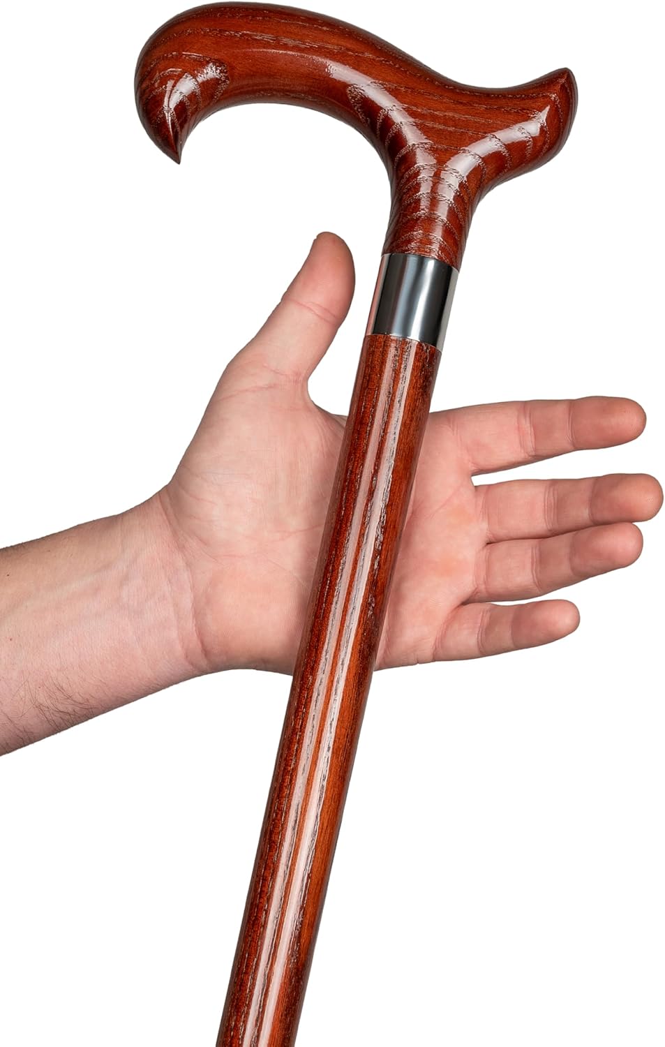Detalle de Dr. Watson Classic Derby Gehstock – handgefertigter Eschenholz-Stock mit polierter Edelstahlmanschette