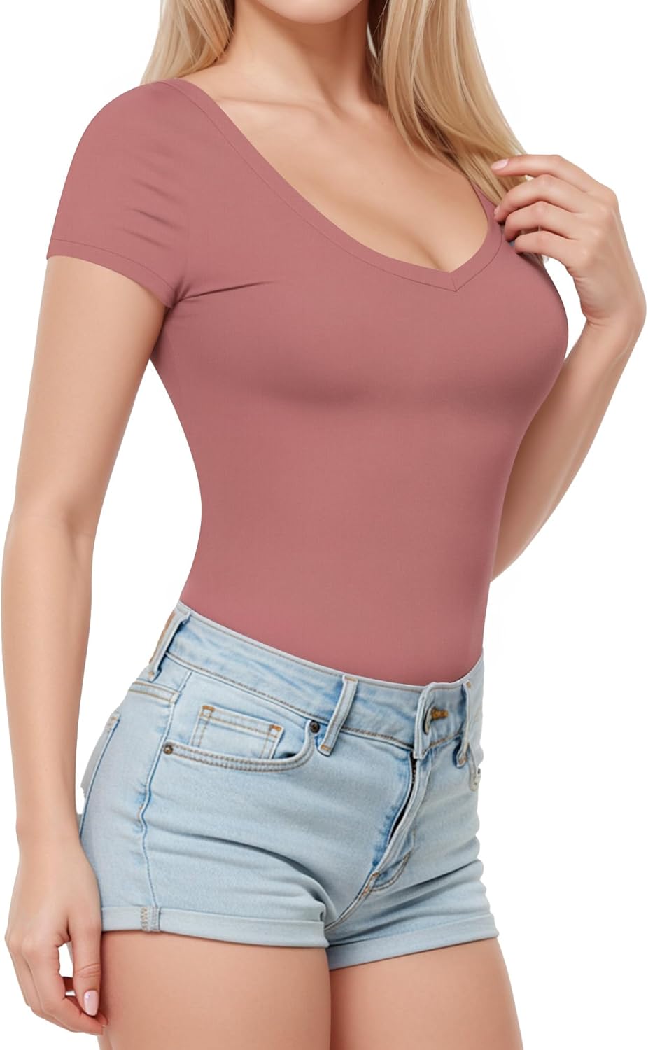 Detalle 2 de ALGALAROUND Women’s V-Neck T-Shirt – Short Sleeve, Milk Silk, Slim Fit