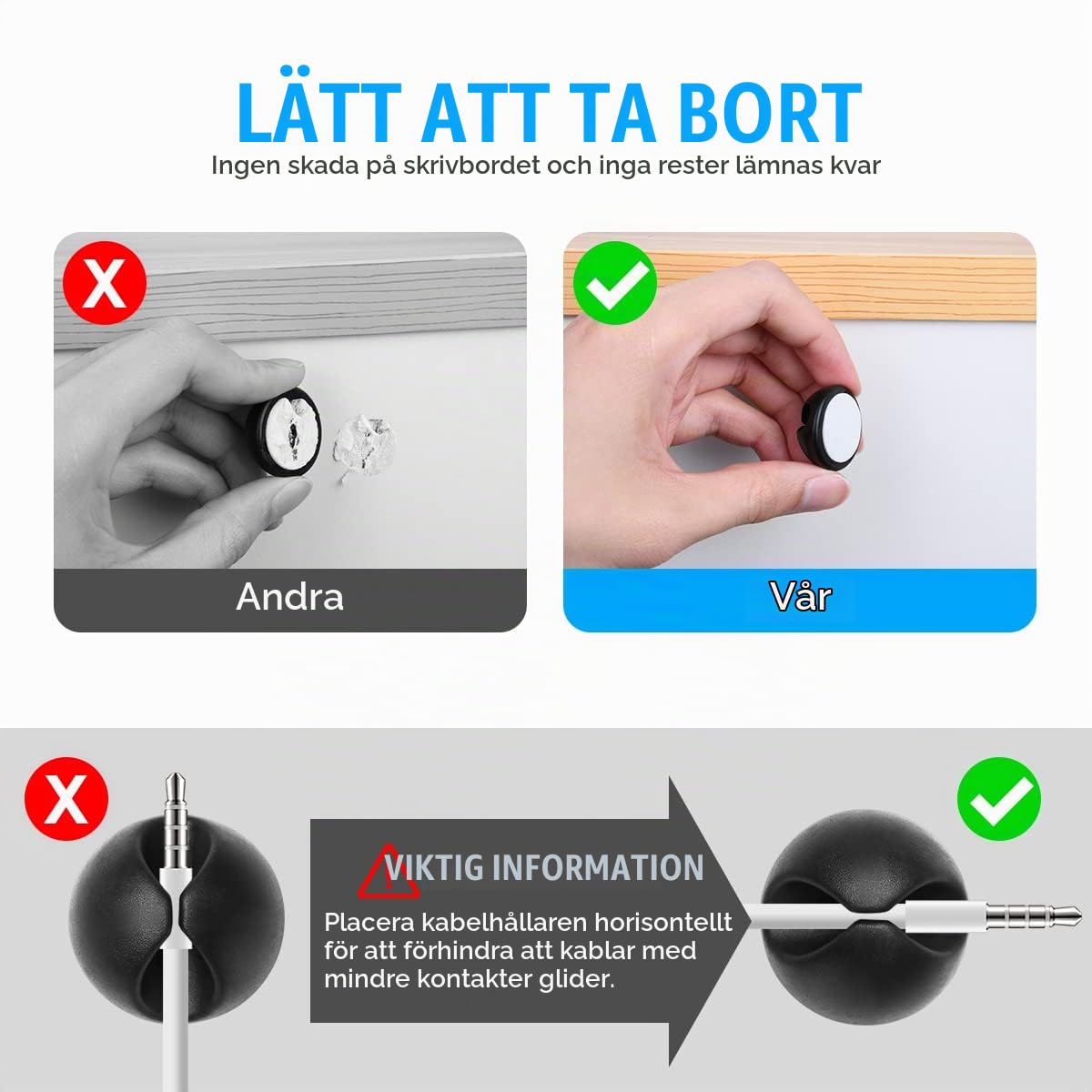 Detalle de URAQT självhäftande kabelclips, 30 svarta i fyra varianter