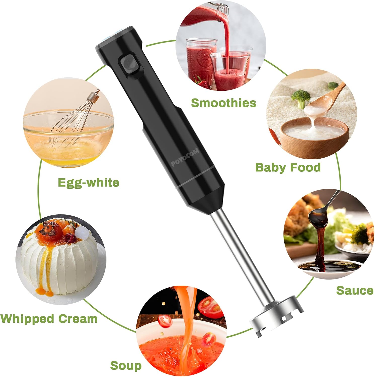Detalle 2 de POYOCOM Cordless Variable Speed Hand Blender – Immersion Blender with Type-C Charge, 8" Blades & Egg Whisk