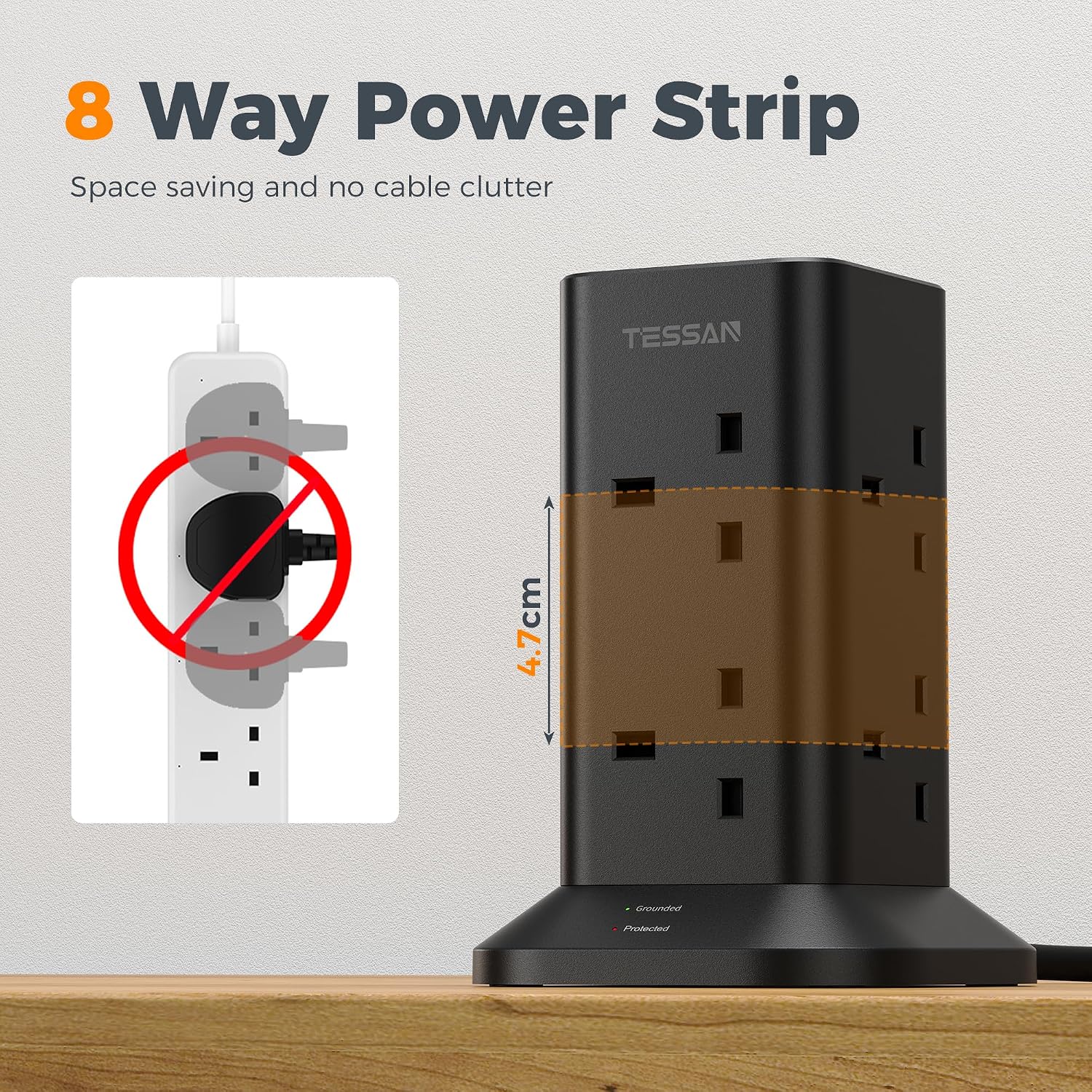 Thumbnail 4 de TESSAN Tower Black Extension Lead with 2 USB-C slots, 8-way surge protected power strip (2m)