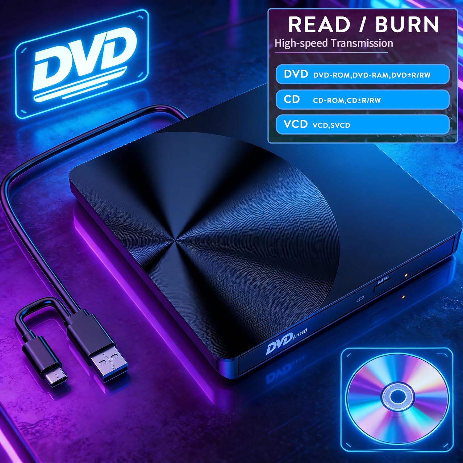 Detalle 2 de TEMZICK External CD Drive: USB 3.0 Portable CD/DVD +/-RW Drive for Laptops, Desktops and Mac