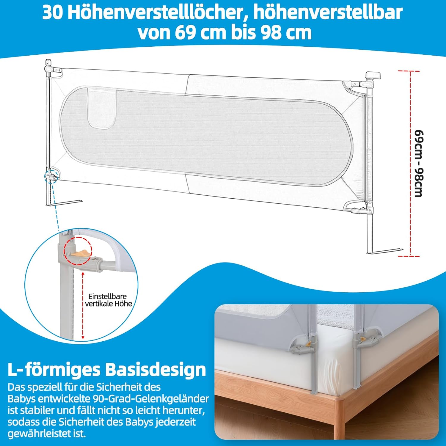 Detalle de OUUTMEE Bettschutzgitter 200 cm – Rausfallschutz für Kinder, klappbar, Höhenverstellbar, Grau-Weißes Blockmuster