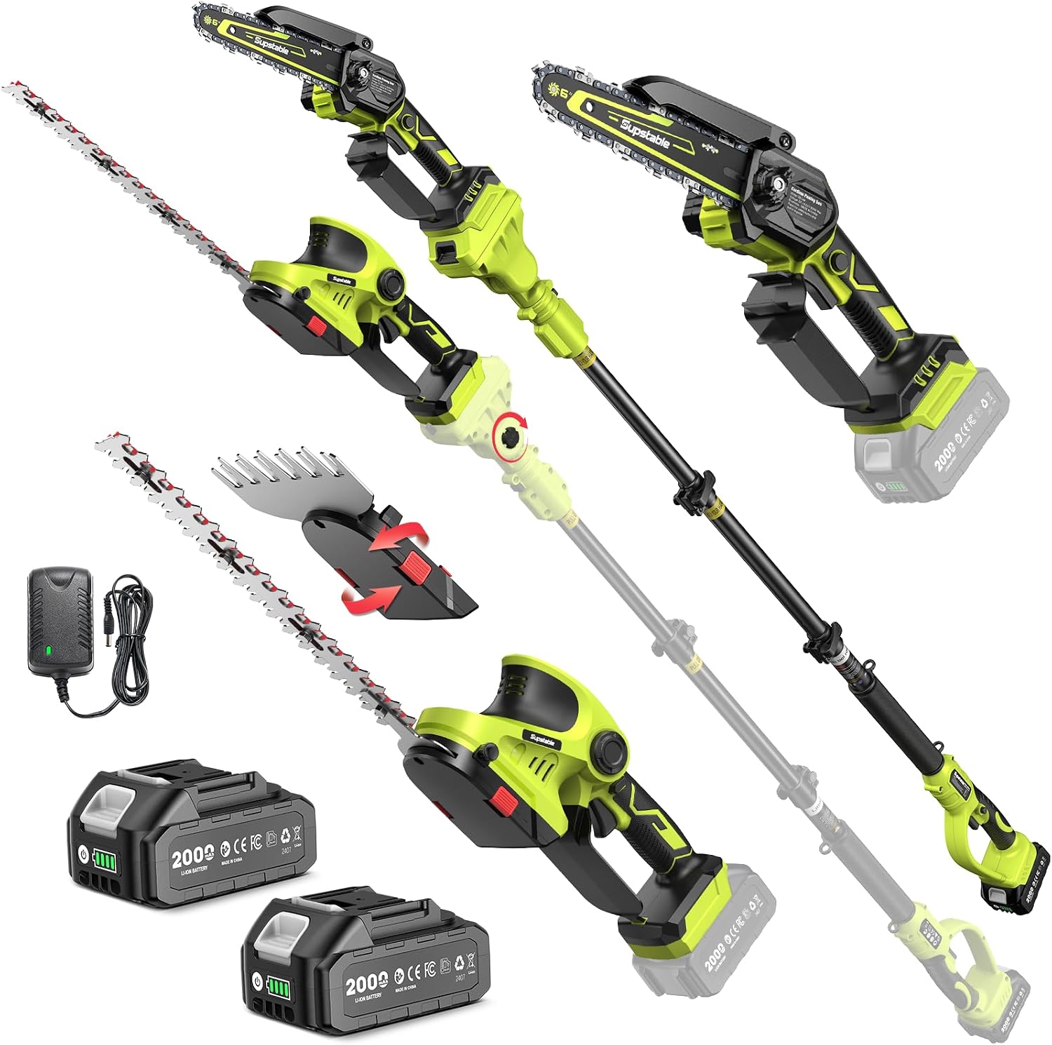 Detalle de Supstable SH301 6-in-1 Cordless Pole Saw and Hedge Trimmer, 15-Foot Reach