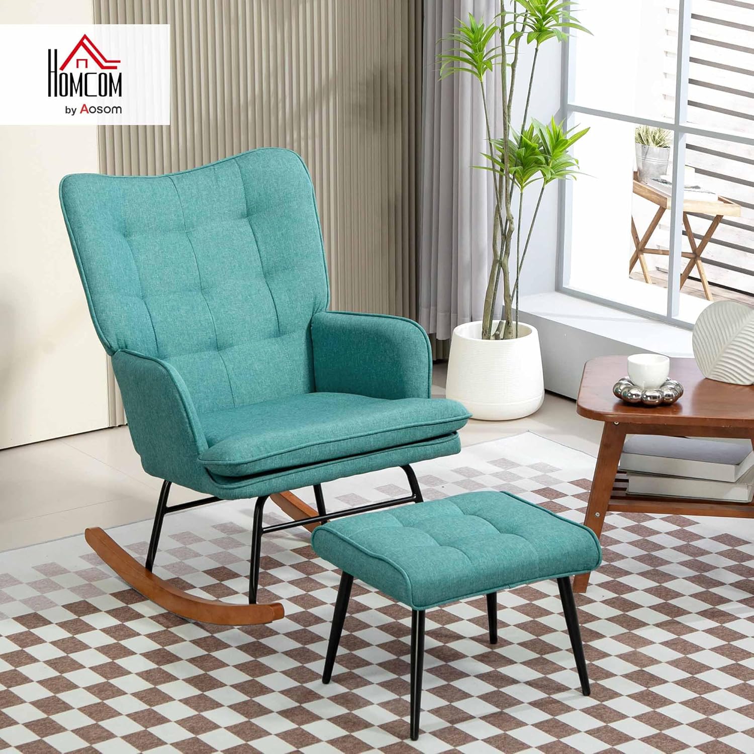 Thumbnail 1 de HOMCOM Silla Mecedora con Reposapiés Verde Azulado