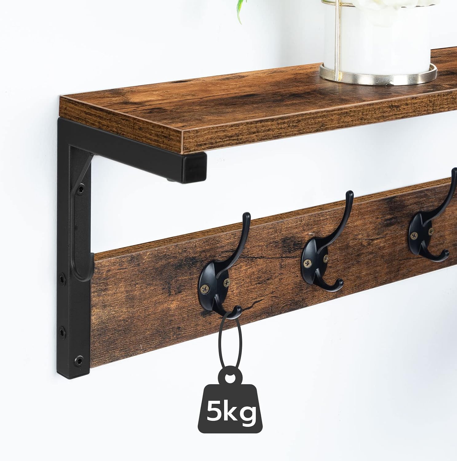 Detalle 2 de HOOBRO EBF16YM01 wandkapstok met plank en 7 haken, donkerbruin en zwart