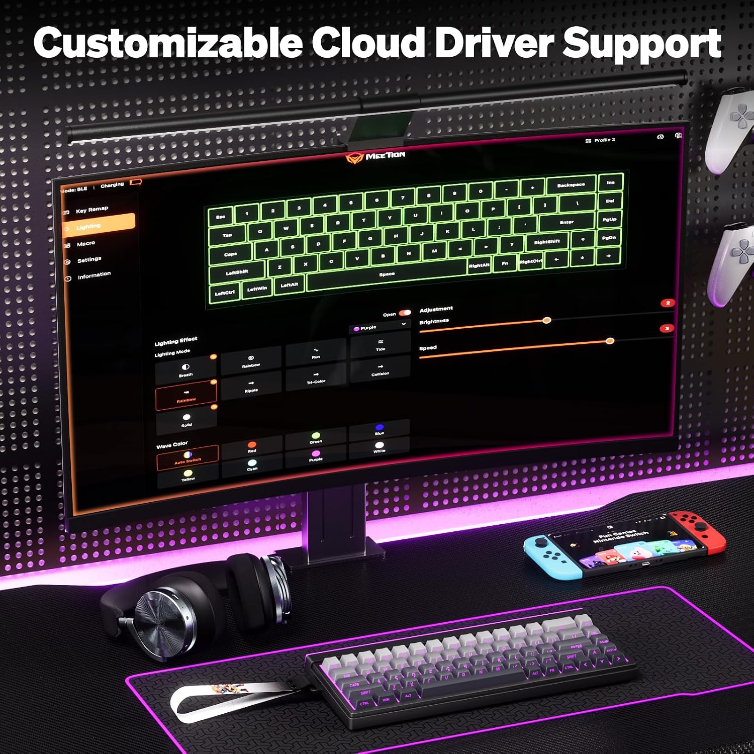 Detalle de MEETION Vibekey68 Gaming Keyboard: 68-Key Tri-Mode Membrane Keyboard with RGB Light Bar