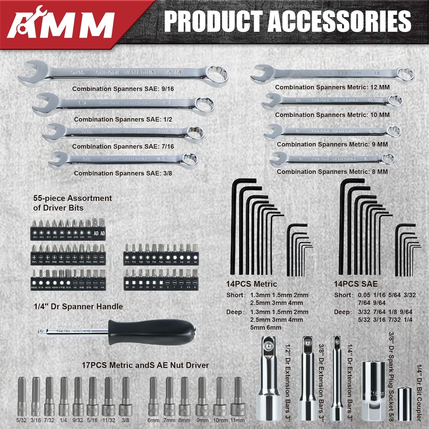 Detalle de AMM Mechanics Tool Set: 202-Piece 1/4 in, 3/8 in, and 1/2 in Drive Socket Set