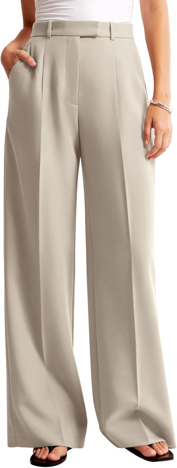 Detalle de NIMIN Wide-Leg Work Pants for Women with Pleats, Pockets, and High Waist