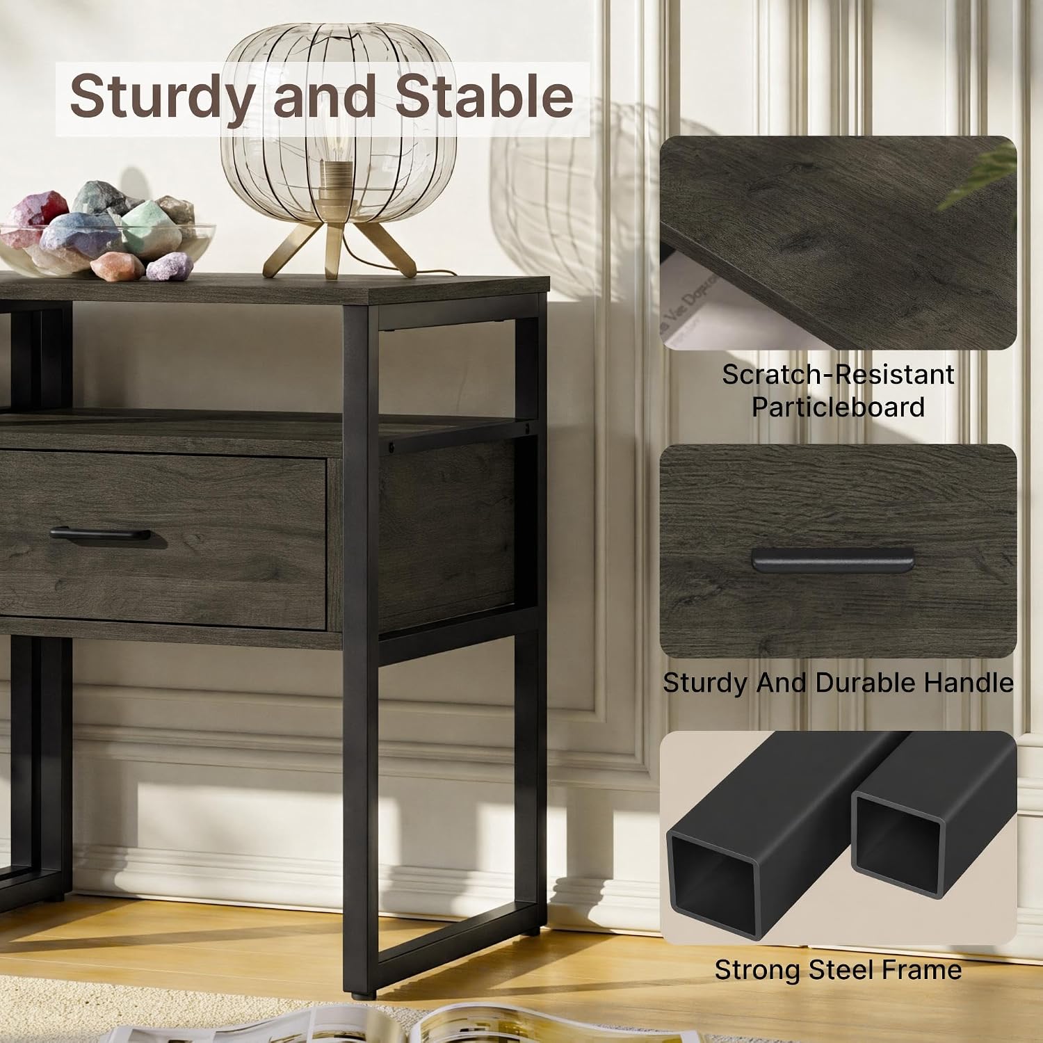 Detalle 2 de KISLOT K-KJW.TNS003 Nightstand Set of 2 with Drawer, Open Shelf, Gray