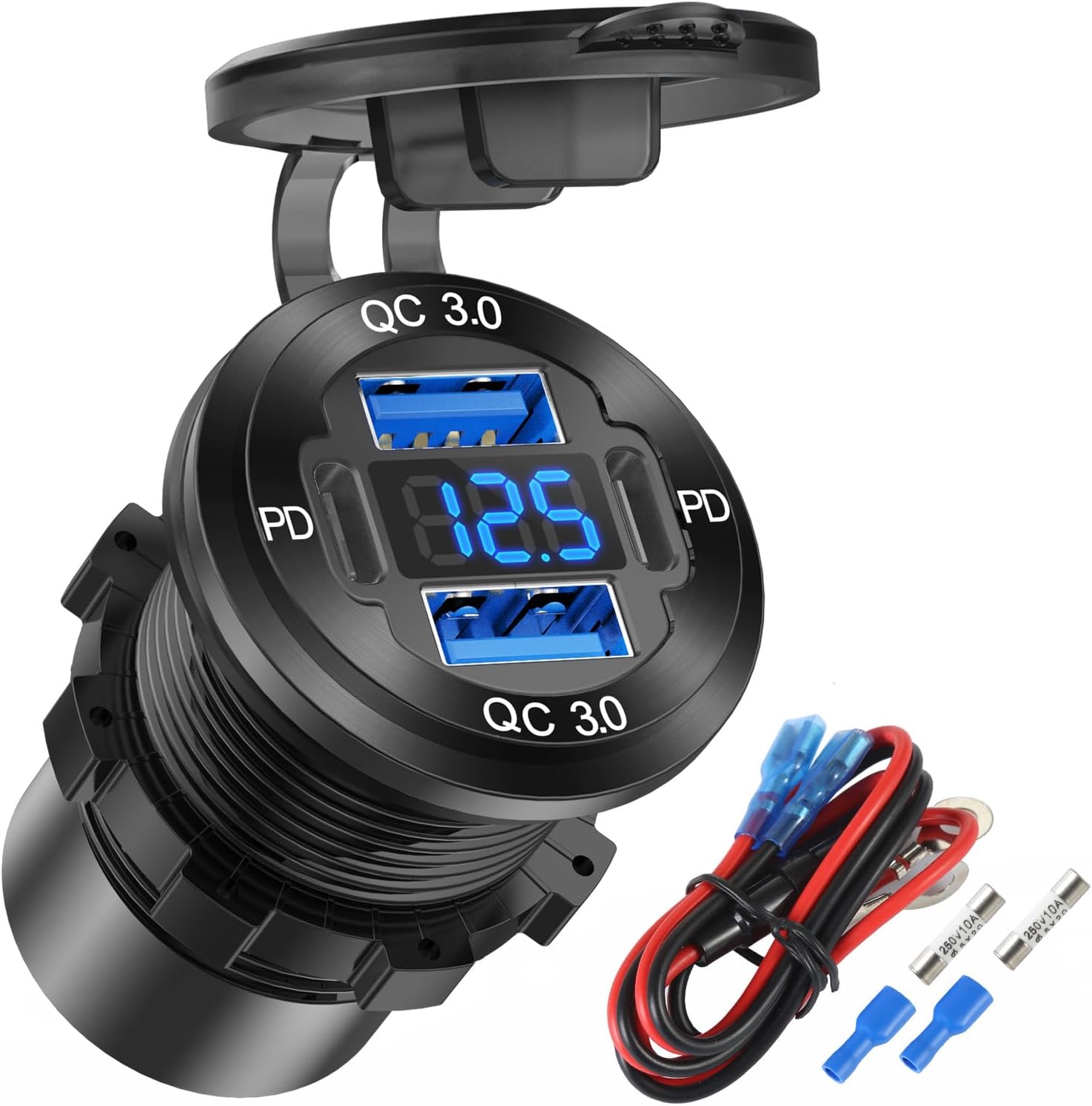 Detalle de Hapytrip DE22 4-Port 12V USB Charger, 78W PD/QC, Aluminum, Voltmeter
