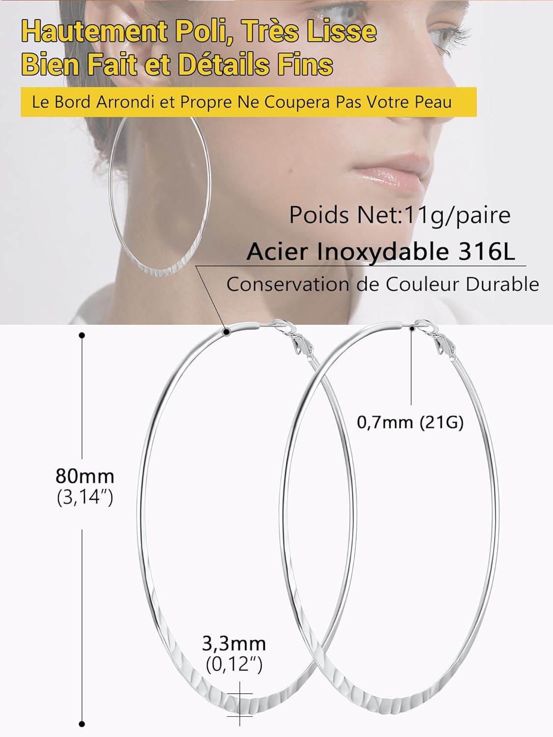 Thumbnail 4 de PROSTEEL Boucles d’oreilles créoles femme en acier inoxydable, plaqué or ou noir (30/40/60/80 mm)