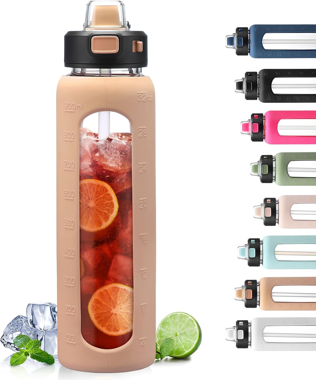 Detalle de BLUEGO 900ml Glass Water Bottle with Handle & Straw, Silicone Sleeve and Time Marking (Leak-proof)