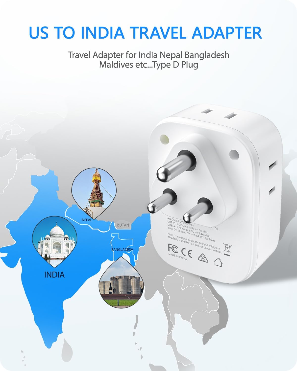 Detalle de LENCENT PA050USIN Type D Travel Adapter, 4 Outlets and 4 USB Ports