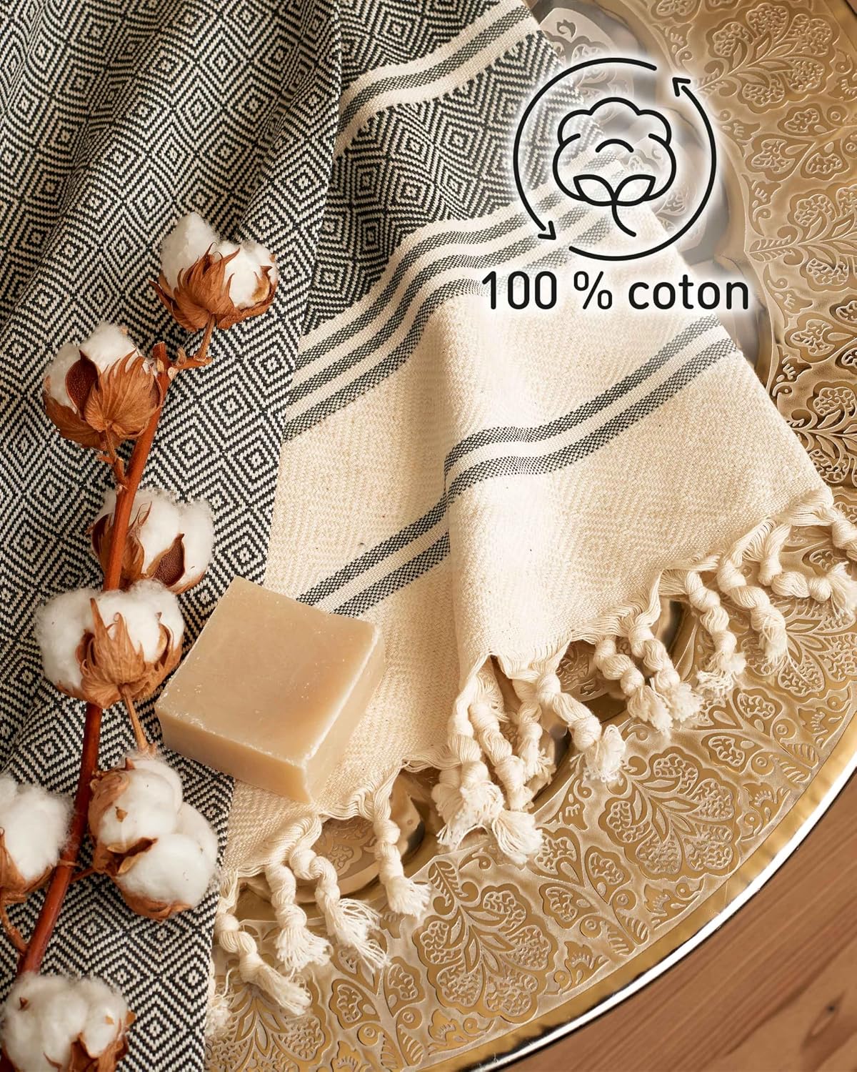 Detalle de Fit-Flip Serviette de Plage hammam – Fouta en coton 100% 100x200cm Diamond, anthracite