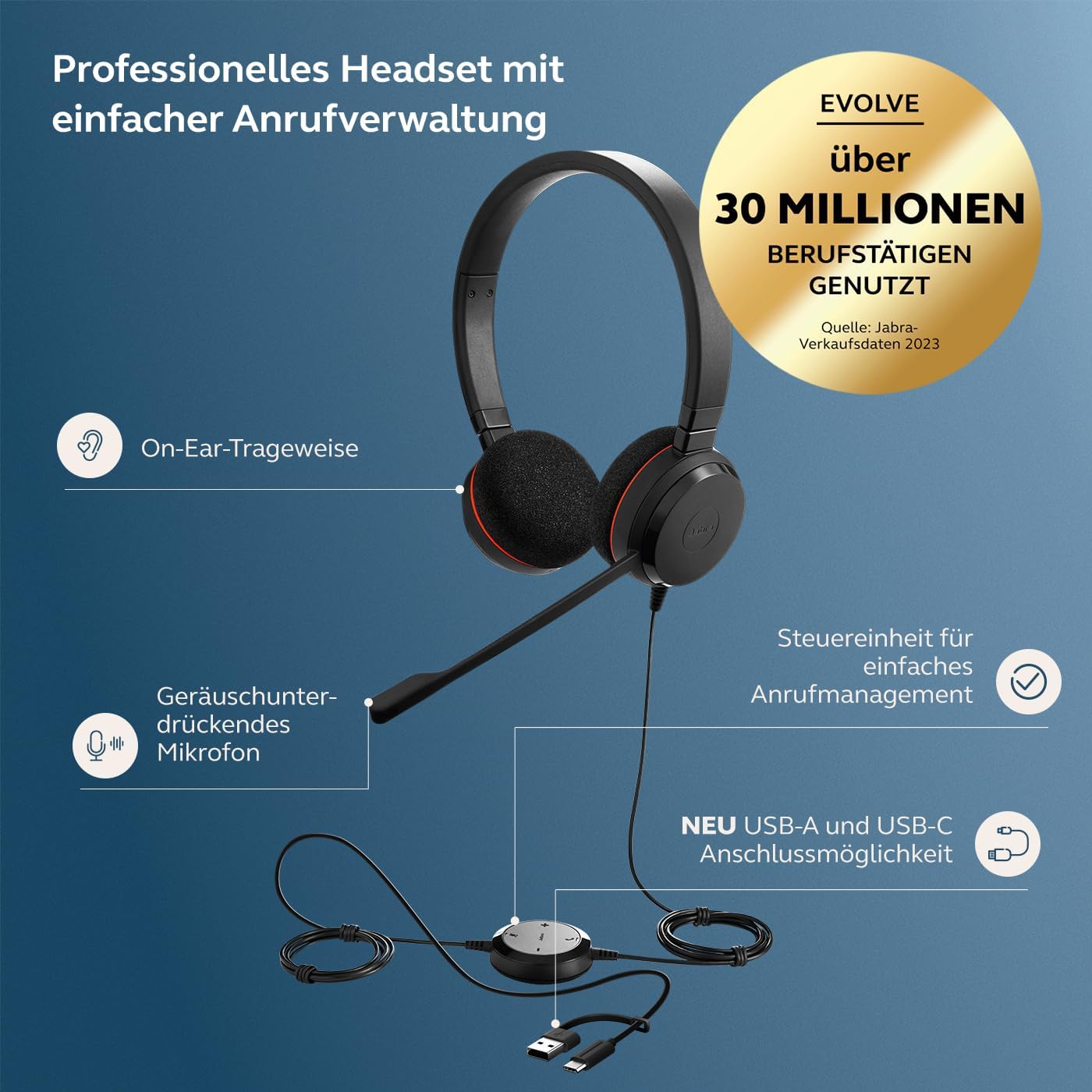 Thumbnail 1 de Jabra Evolve 20 Stereo Headset – Microsoft zertifizierte Kopfhörer für VoIP Softphone (USB-C/A)