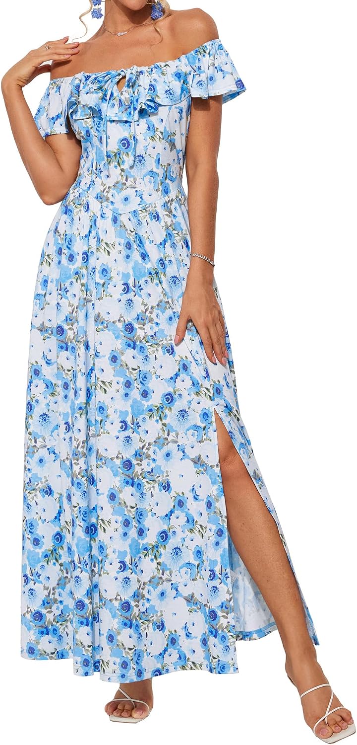 Detalle de GRACE KARIN Abito Estivo da Donna Lungo con Spalle Scoperte, Volant e Spacco: stile boho e praticità con tasche