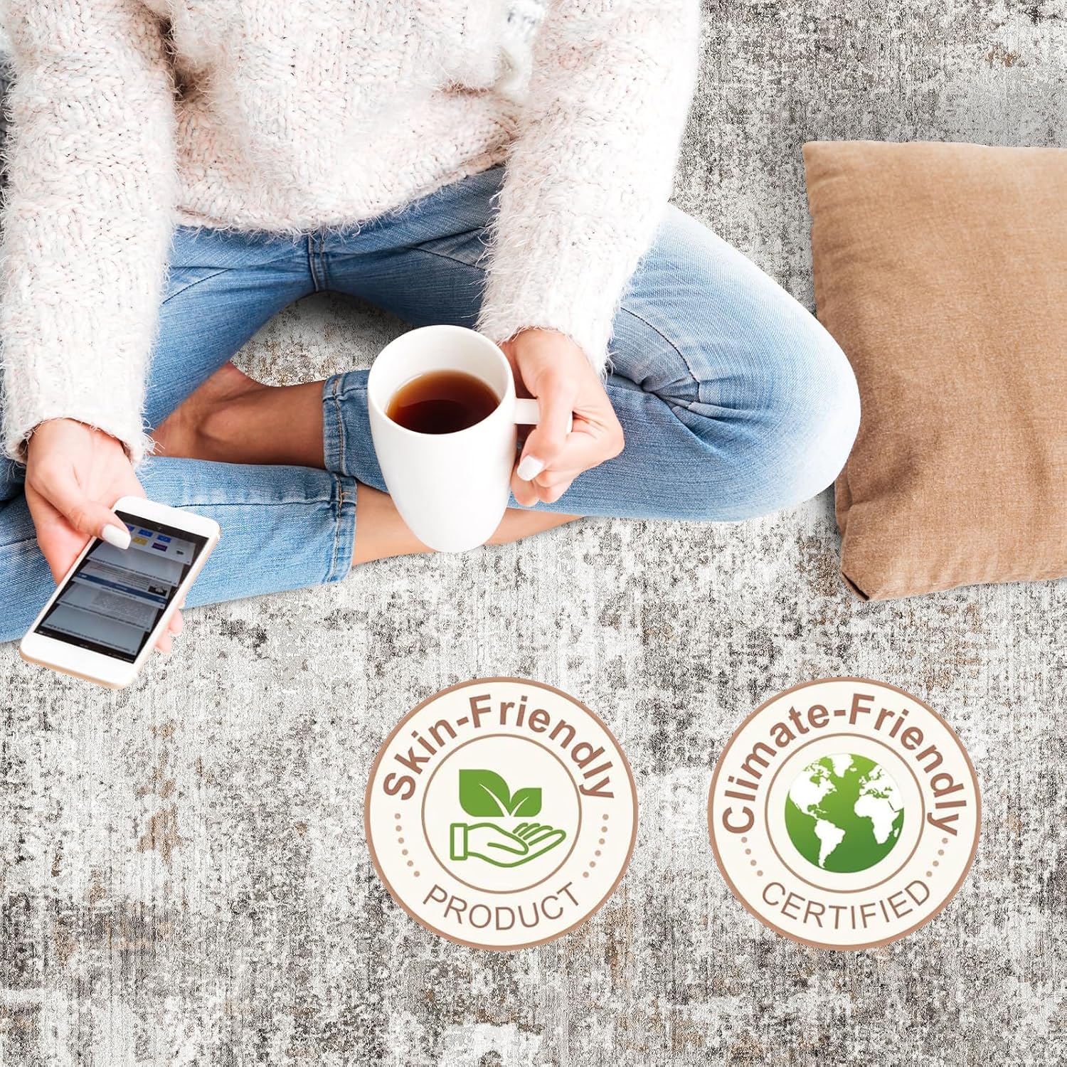 Thumbnail 6 de 12x12ft Square Living Room Rug – Non-Slip Washable Low-Pile Area Carpet (Beige Grey)