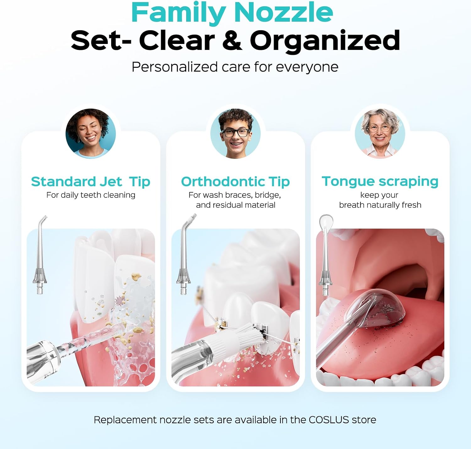 Thumbnail 6 de COSLUS C51 Portable Water Flosser: 3 Modes, 6 Settings, Jet Mode, 300ML Tank, Built-In Nozzle Storage – Travel-Friendly Orthodontic Care