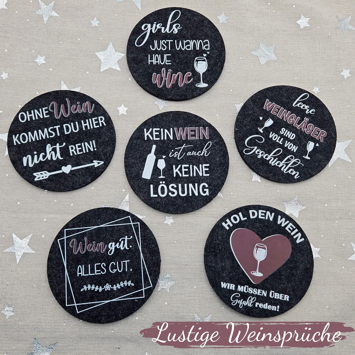 Detalle 2 de Filz-Untersetzer mit lustigen Sprüchen – 6er Set