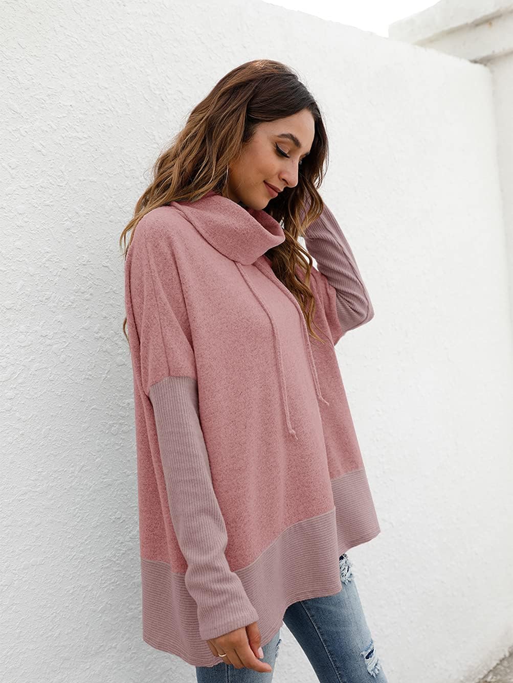 Detalle de Famulily Oversized Hoodie Women — Cowl Neck Drawstring Sweatshirt in Blue (Size L-XL)