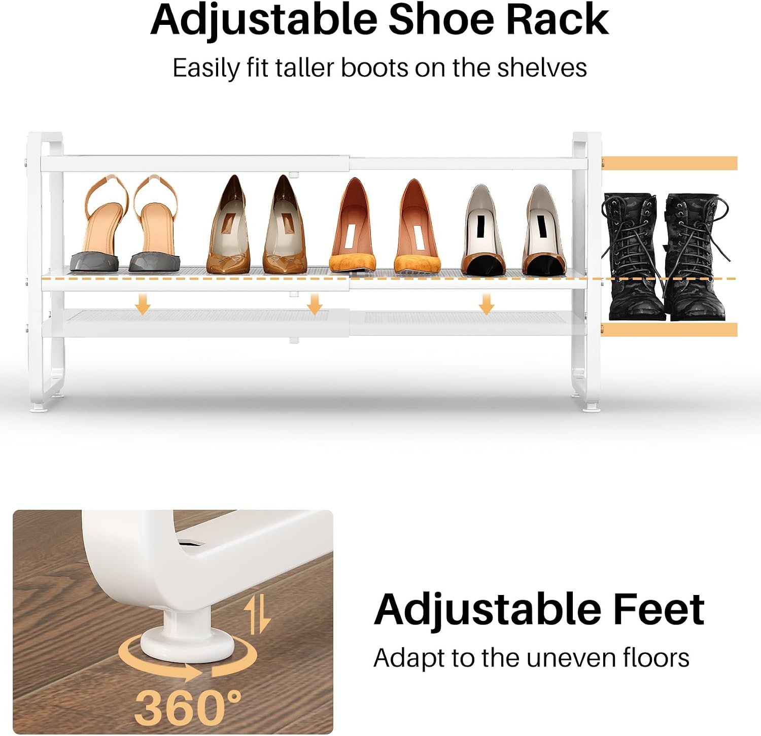 Thumbnail 6 de SNTD SN-NM-SR-WT-2T-HXJ Expandable 2-Tier Metal Shoe Rack, White