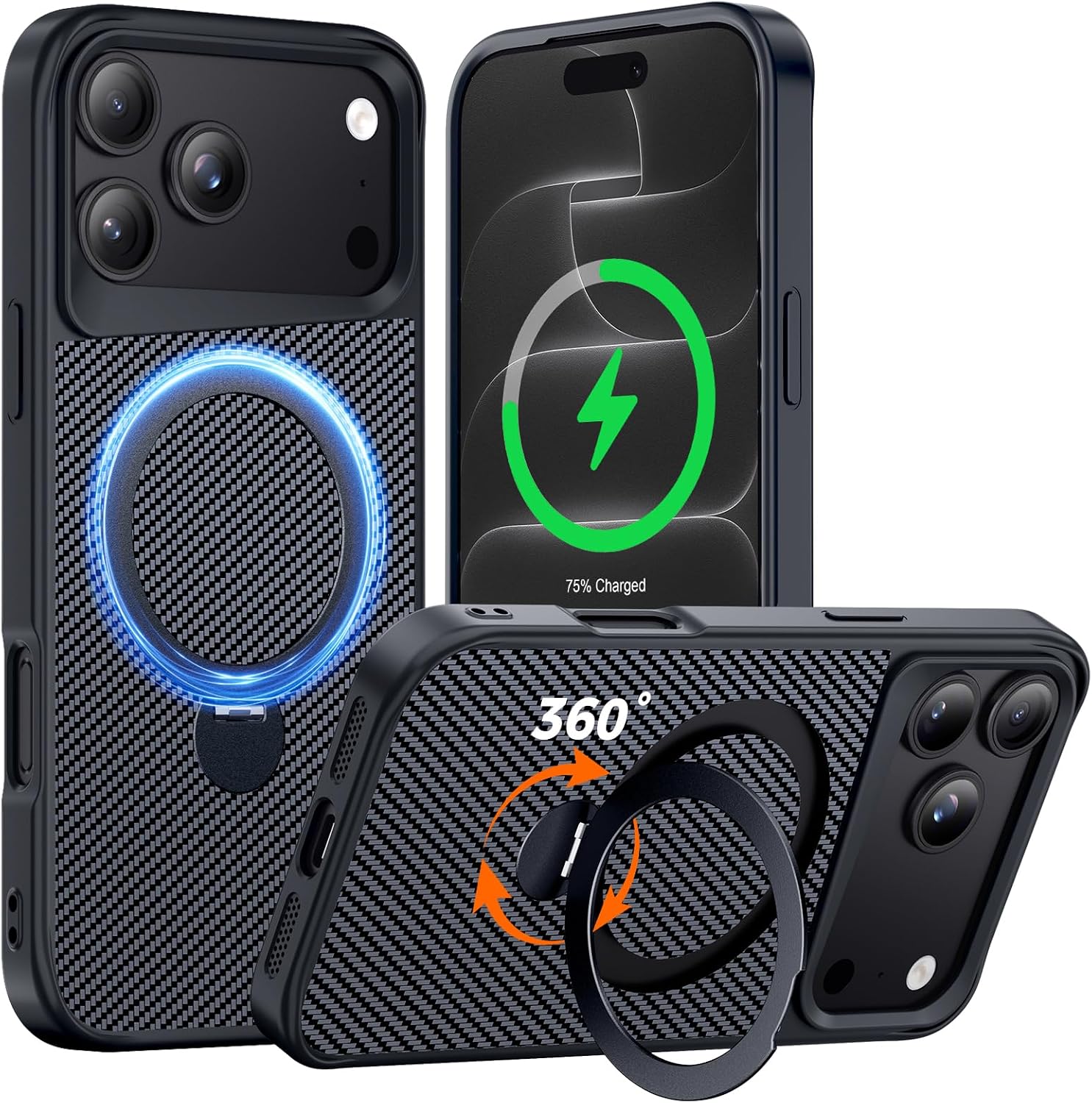 Detalle de Enlafavo 360° Ring Stand Case for iPhone 17 Pro Max — Carbon Fiber, MagSafe Compatible, 15FT Drop Protection