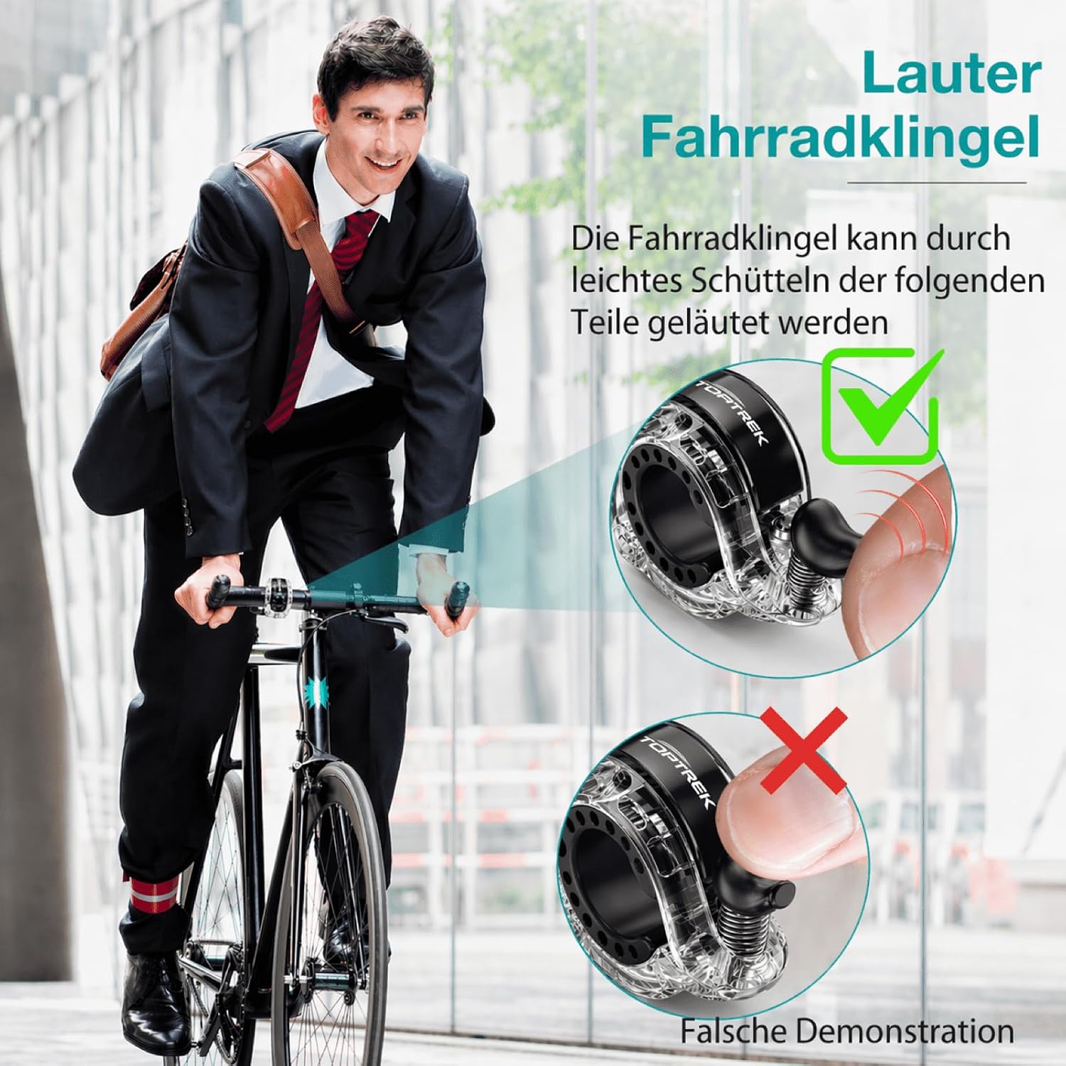 Detalle de Toptrek Fahrradklingel Mountainbike – kompakt, 100–110 dB, universal 22,2–31,8 mm Lenker