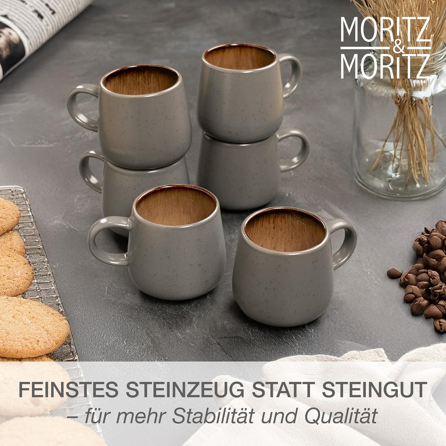 Thumbnail 4 de Moritz & Moritz SOLID 6er Tassen-Set Grau/Beige (Steinzeug) – 400 ml, mikrowellen- & spülmaschinenfest