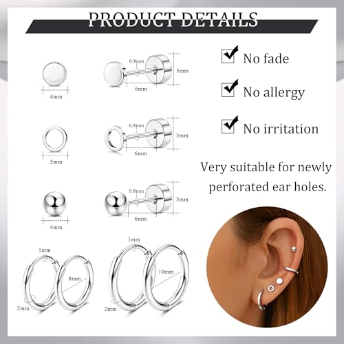 Detalle 2 de JeweBella G23 Titanium Earrings Set with Flat-Back Studs and Small Hoops