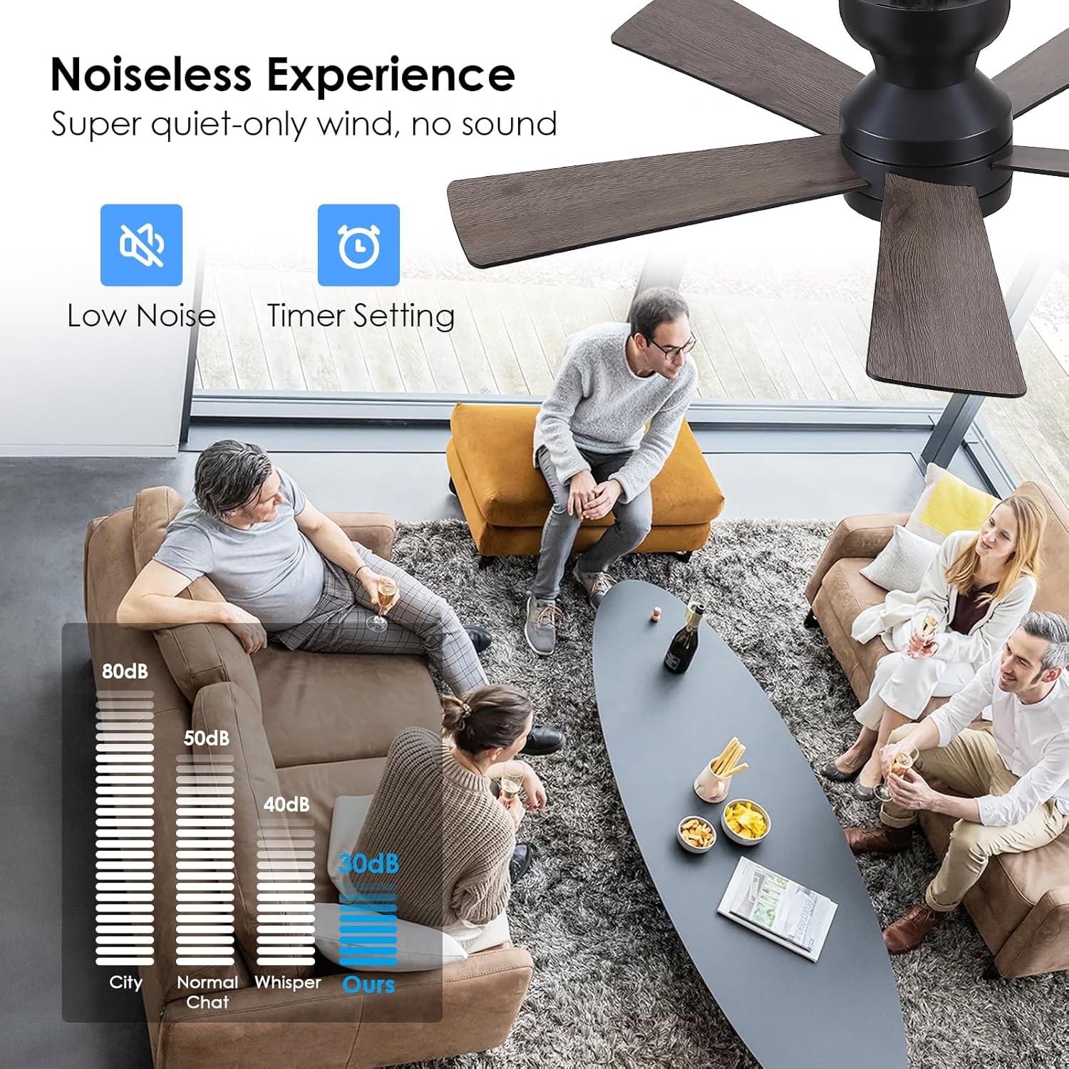 Thumbnail 4 de Black Ceiling Fans with Lights - 46" Flush Mount Ceiling Fan with Remote and 5 Reversible Blades