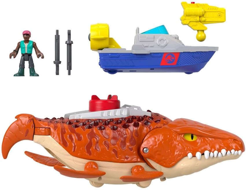 Thumbnail 6 de Fisher-Price Imaginext Jurassic World Rebirth Aquachomp Mosasaurus playset (18-inch) with 3-inch action figure, launcher boat & projectiles