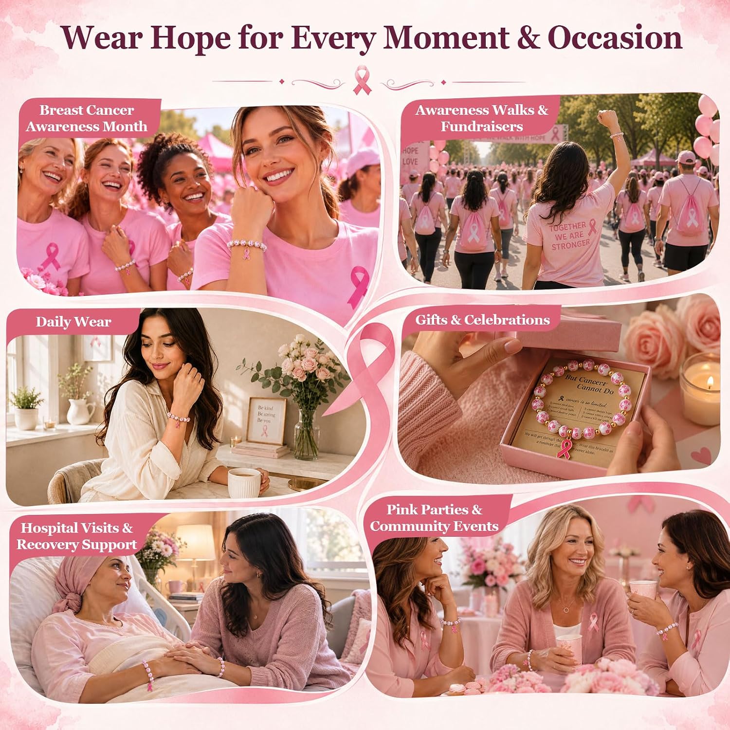 Detalle 2 de Breast Cancer Awareness Bracelet with Ceramic Beads