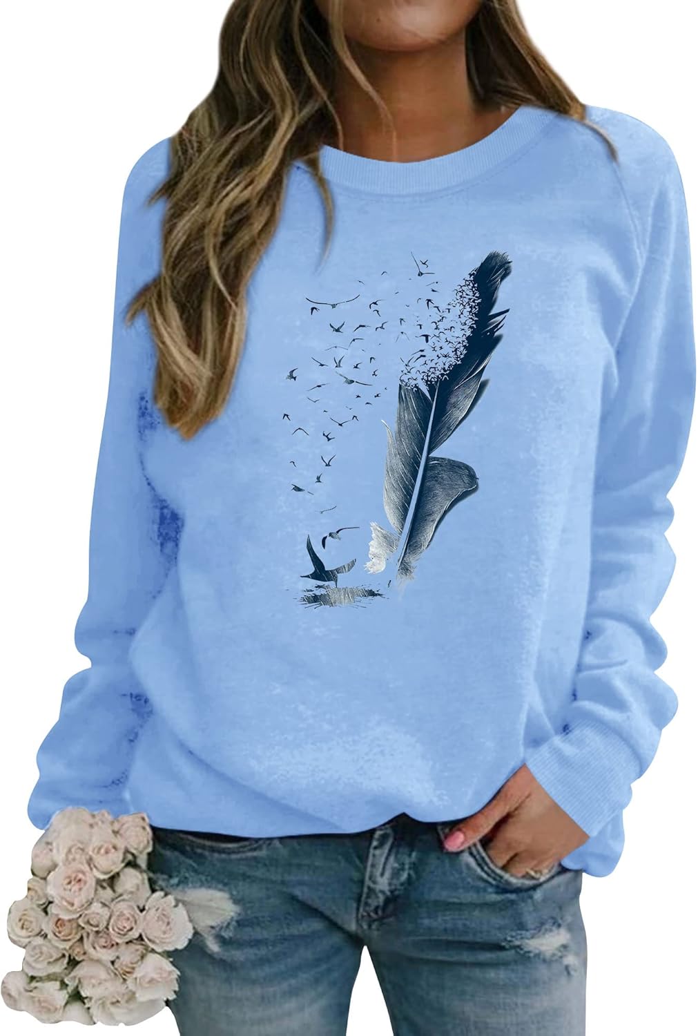 Thumbnail 3 de Dresswel Damen Pullover mit Feder & Vogel Grafikdruck (Rundhals, lange Ärmel) – Sweatshirt Langarmshirt