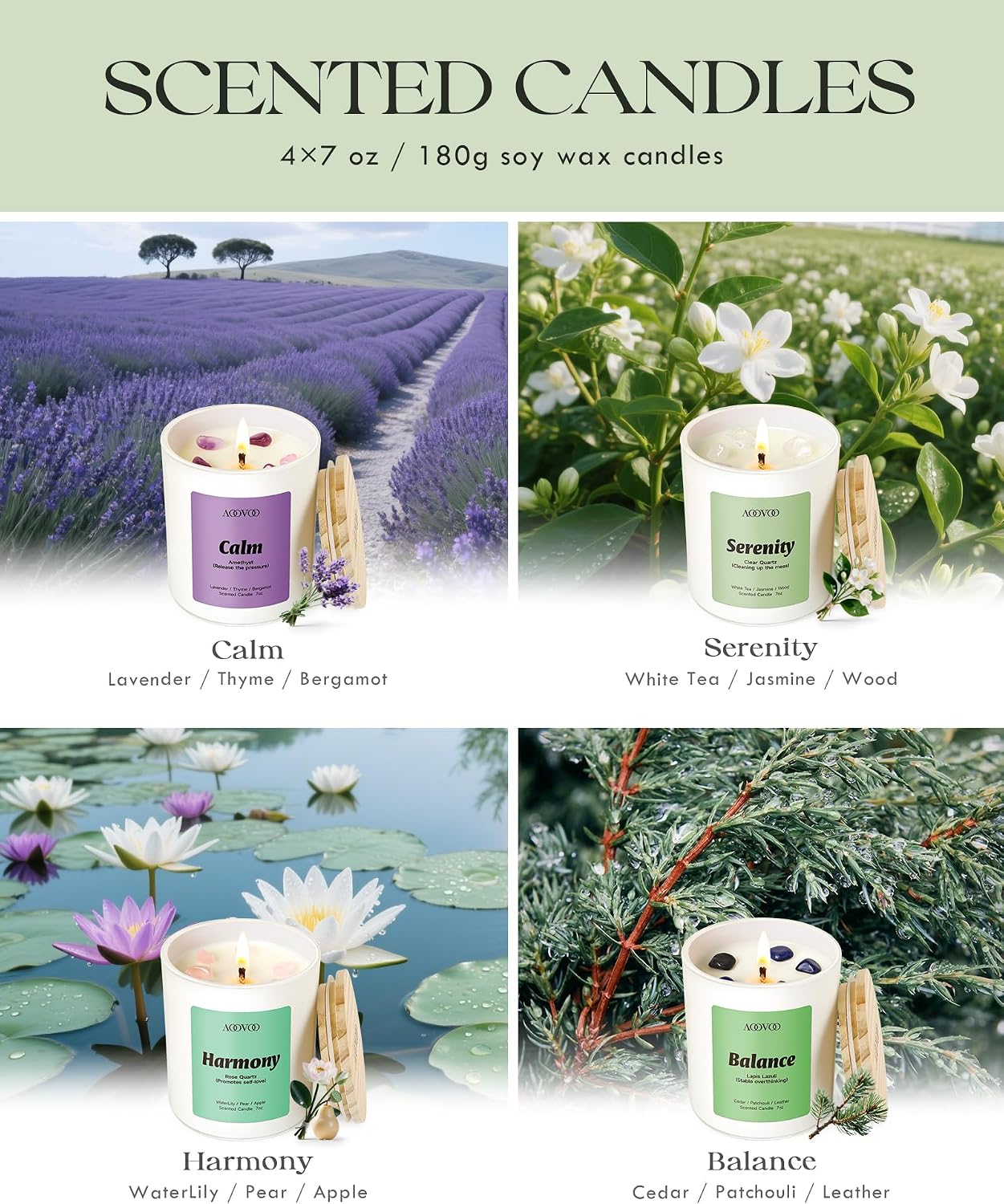 Detalle de AOOVOO Calm Candles Set for Women — 4-Pack Soy Candles with Crystals (Lavender Calm, Jasmine Serenity, Water Lily Pear Harmony, Patchouli Balance)