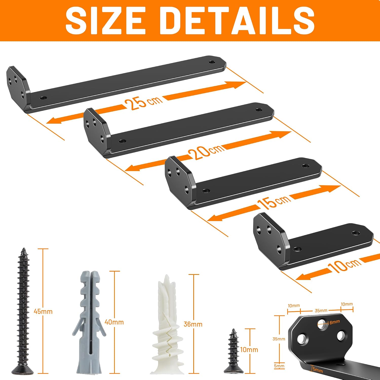 Detalle de HUAEU Heavy Duty L-Shaped Shelf Brackets (10cm) – 4 Pack Black, Wall-Mounted Supports