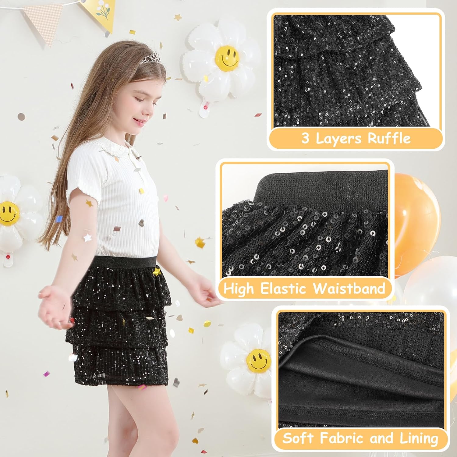 Thumbnail 3 de Bezioner Girls Sequin Skirt: Layered Glitter Skater Skirt for 5–14 Years
